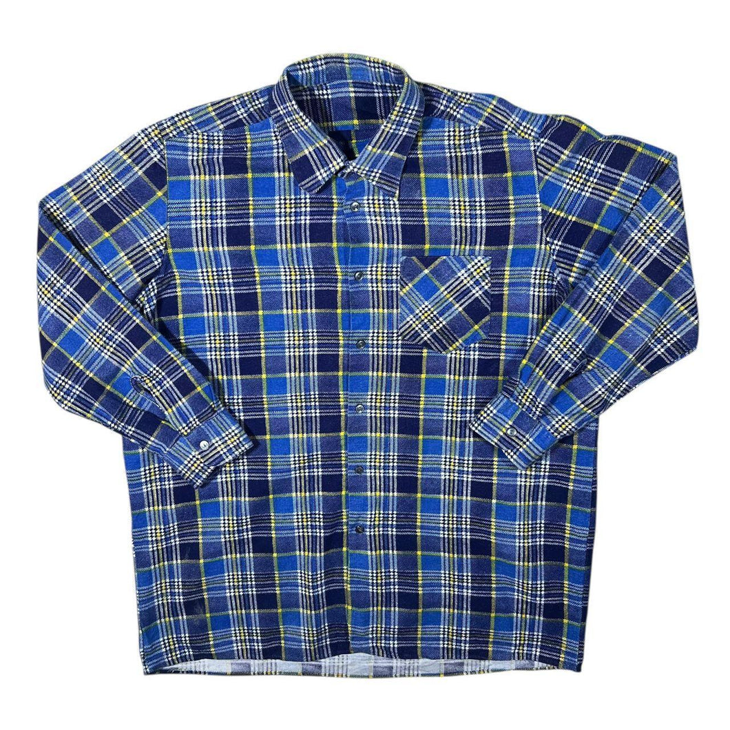 Vintage Navy White Blue Yellow Plaid Check Long Sleeve Button-Up Flannel Shirt