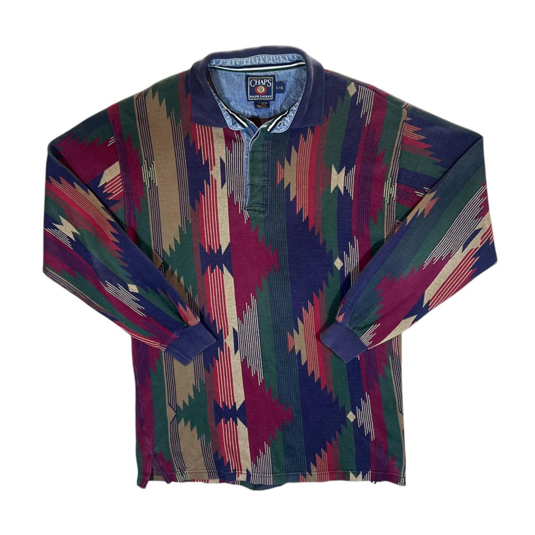 Vintage 90's CHAPS Ralph Lauren Native American Patterned Long Sleeve Polo Shirt