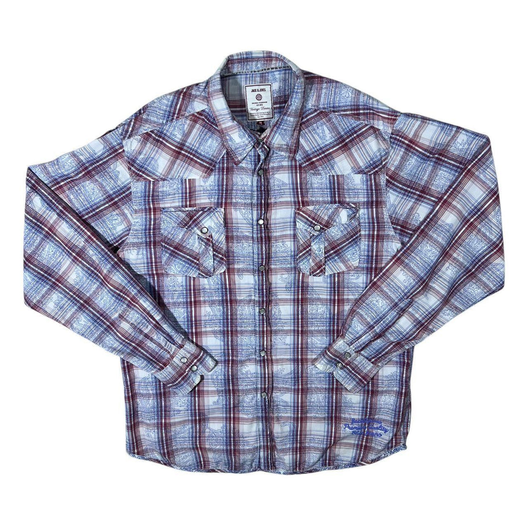 Jack & Jones Cowboy Western Patterned Check Popper Long Sleeve Cotton Shirt