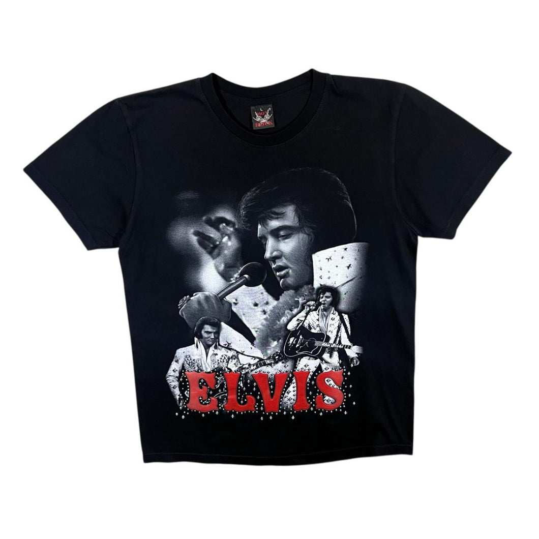 Early 00's Elvis Presley Rock N Roll Music Tribute Spellout Graphic Black T-Shirt