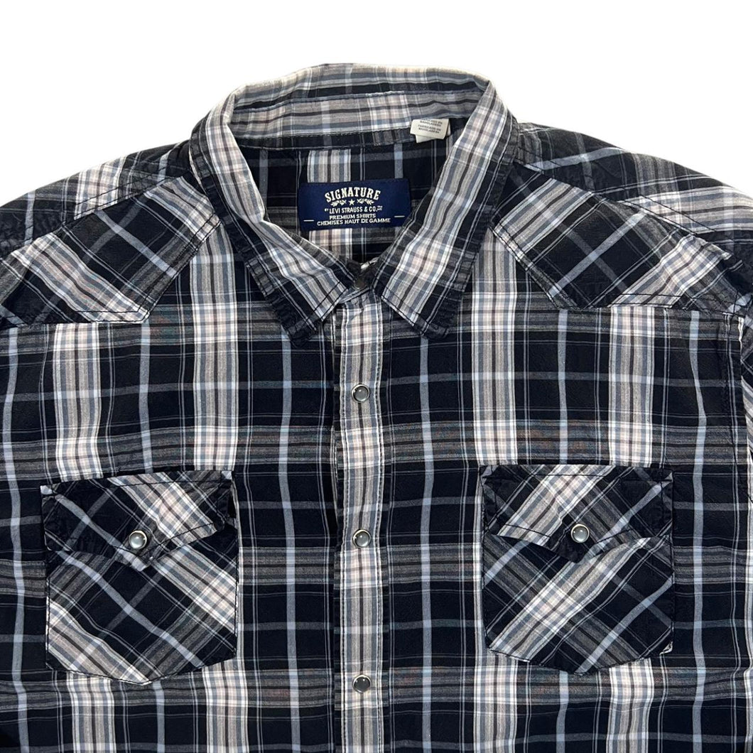 Levi's Signature Cowboy Western Black Blue Grey Check Popper Button Long Sleeve Shirt