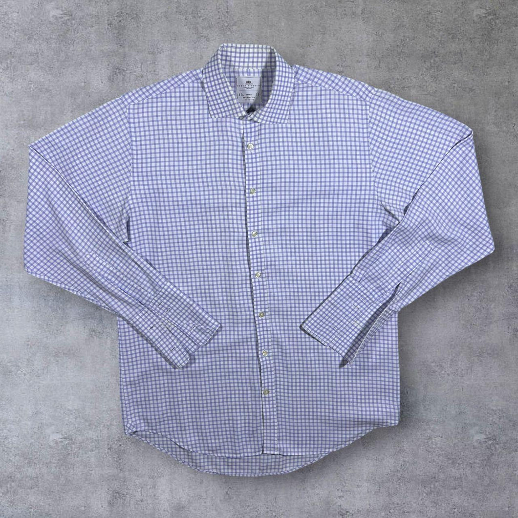 Hawes & Curtis London Blue White Check Long Sleeve Cotton Dress Shirt