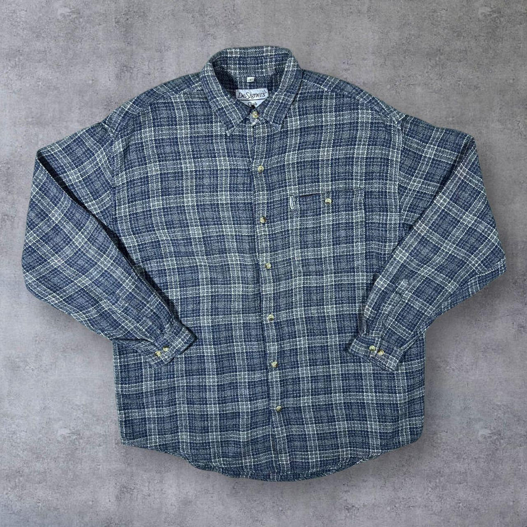 Vintage DeSigner's Club Navy Blue White Plaid Check Long Sleeve Cotton Flannel Shirt