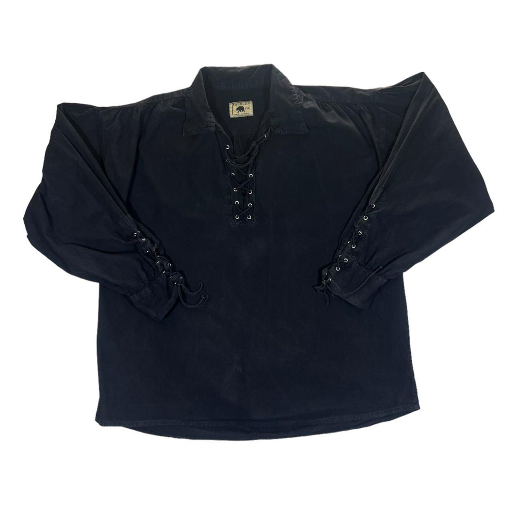 RUNNING BEAR Black Cotton Medieval Artist Lace-Up Smock Pullover Shirt