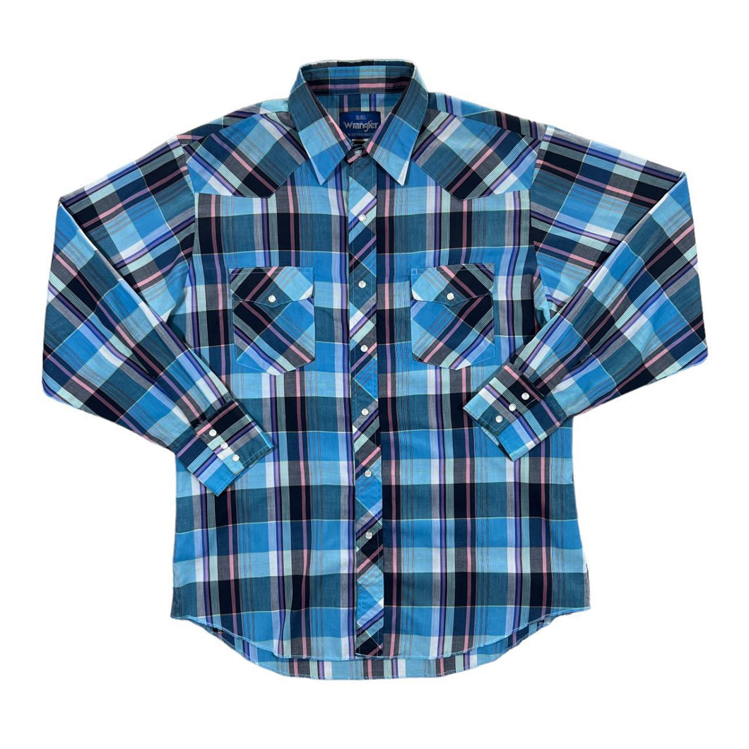 Vintage WRANGLER Plaid Check Pearl Snap Popper Button Long Sleeve Cowboy Western Shirt