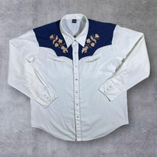 Load image into Gallery viewer, Vintage Embroidered Floral Cowboy Western Popper White Navy Blue Long Sleeve Shirt
