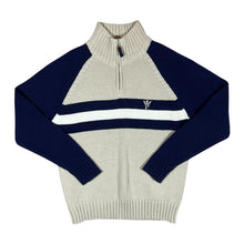 Load image into Gallery viewer, Early 00&#39;s POD Embroidered Mini Logo Colour Block Acrylic Wool Knit 1/4 Zip Jumper
