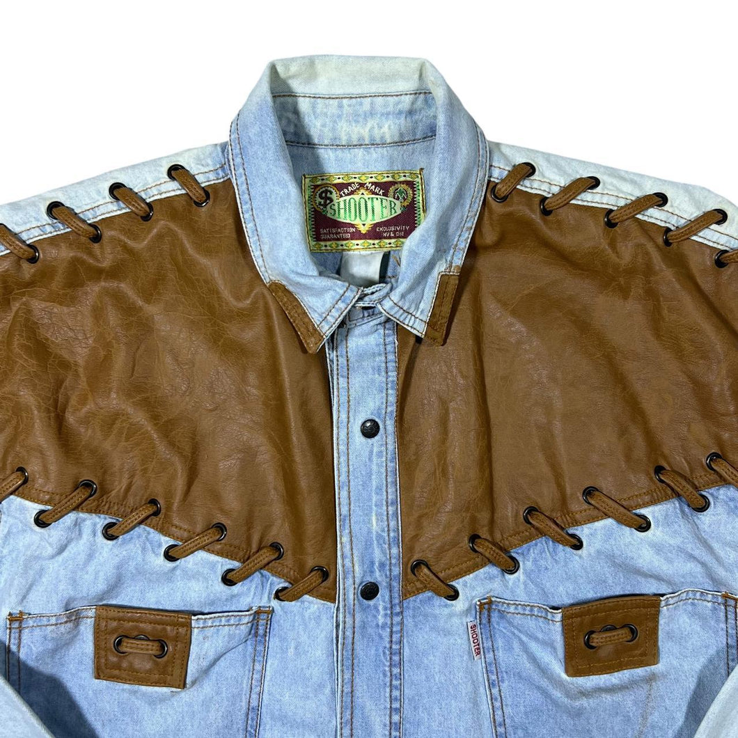 Vintage Shooter Cowboy Western Leather Panel Blue Denim Popper Long Sleeve Shirt