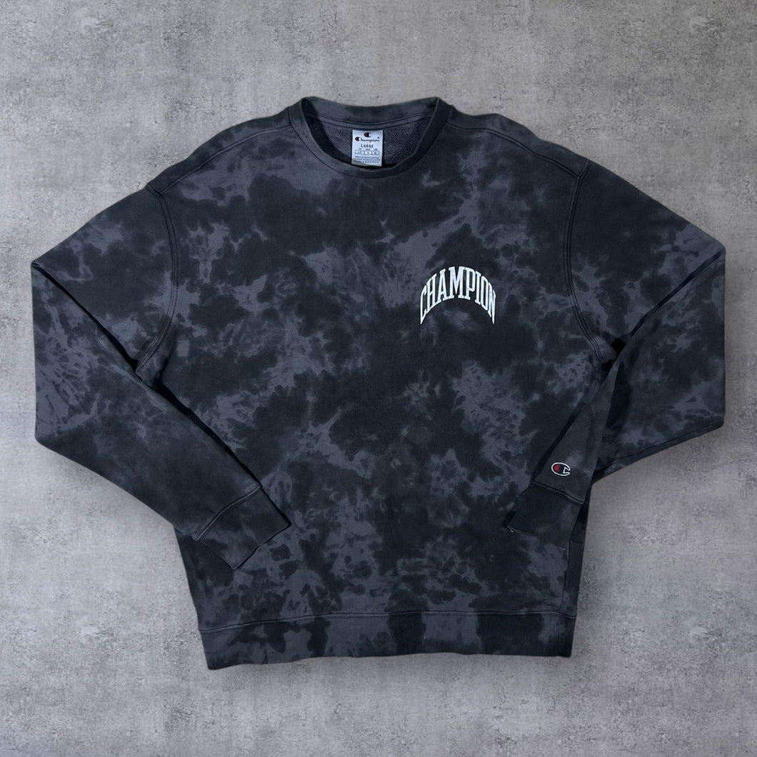 Champion Mini Logo Grey Black Tie Dye Crewneck Sweatshirt