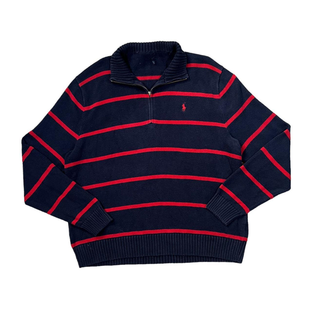 POLO RALPH LAUREN Embroidered Mini Logo Striped 1/4 Zip Pullover Knit Sweater Jumper