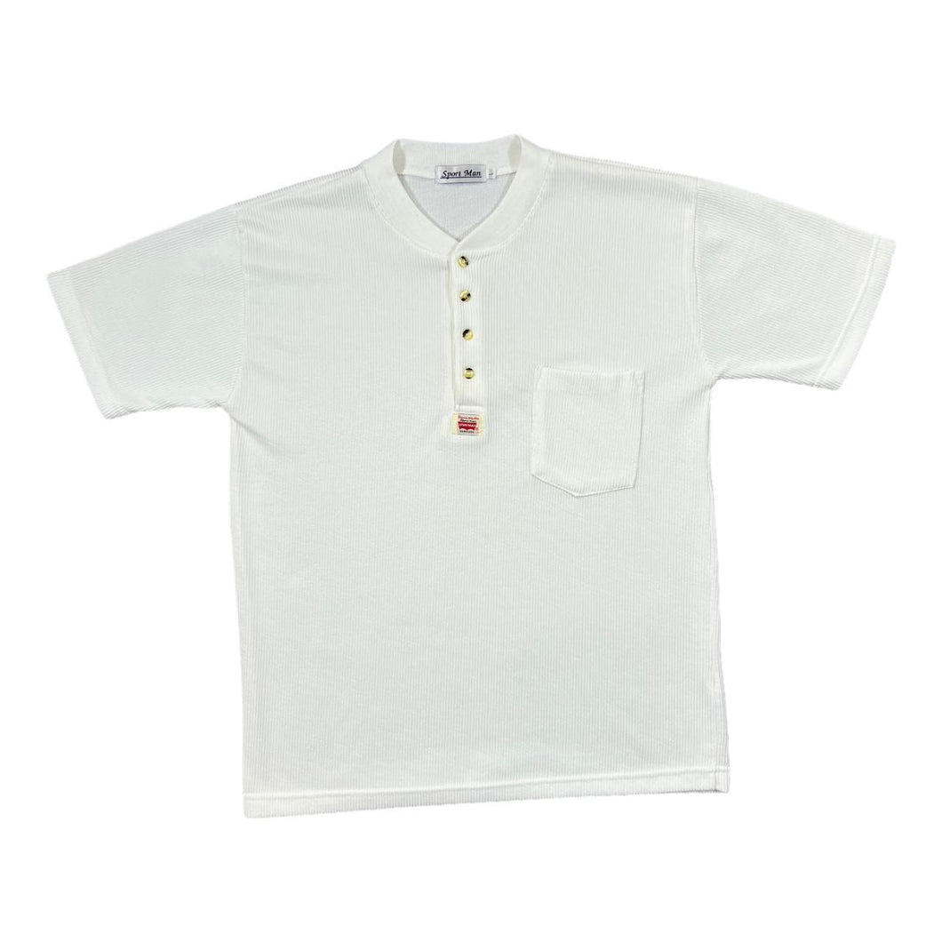 Vintage SPORT MAN Mini Patch Logo Henley Button Ribbed Cotton Short Sleeve T-Shirt