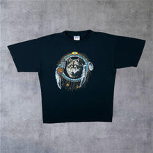 Load image into Gallery viewer, Vintage B&amp;C Wolf Native American Dream Catcher Graphic Black T-Shirt

