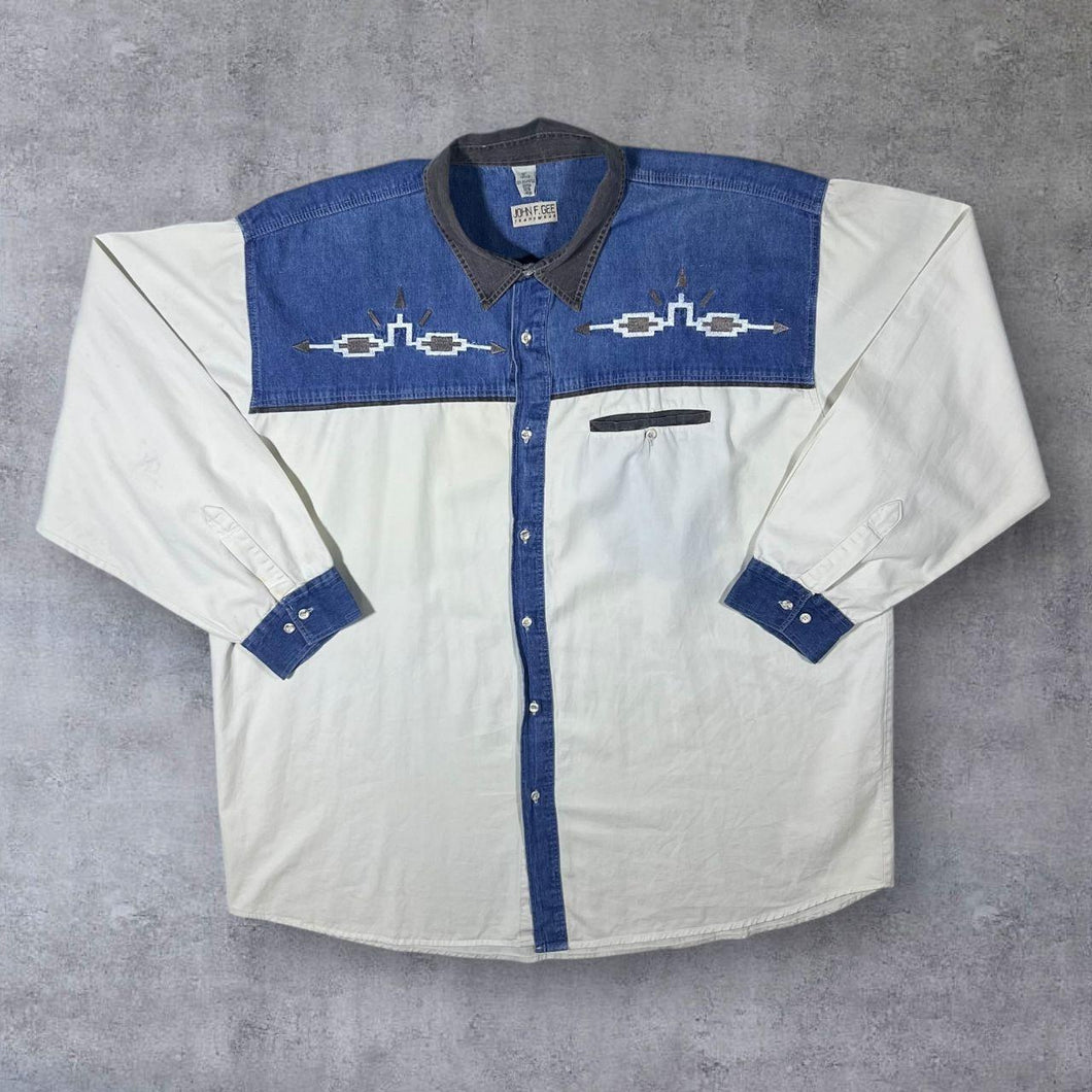 Vintage John F. Gee Cowboy Western Embroidered Blue Denim Cream Long Sleeve Shirt