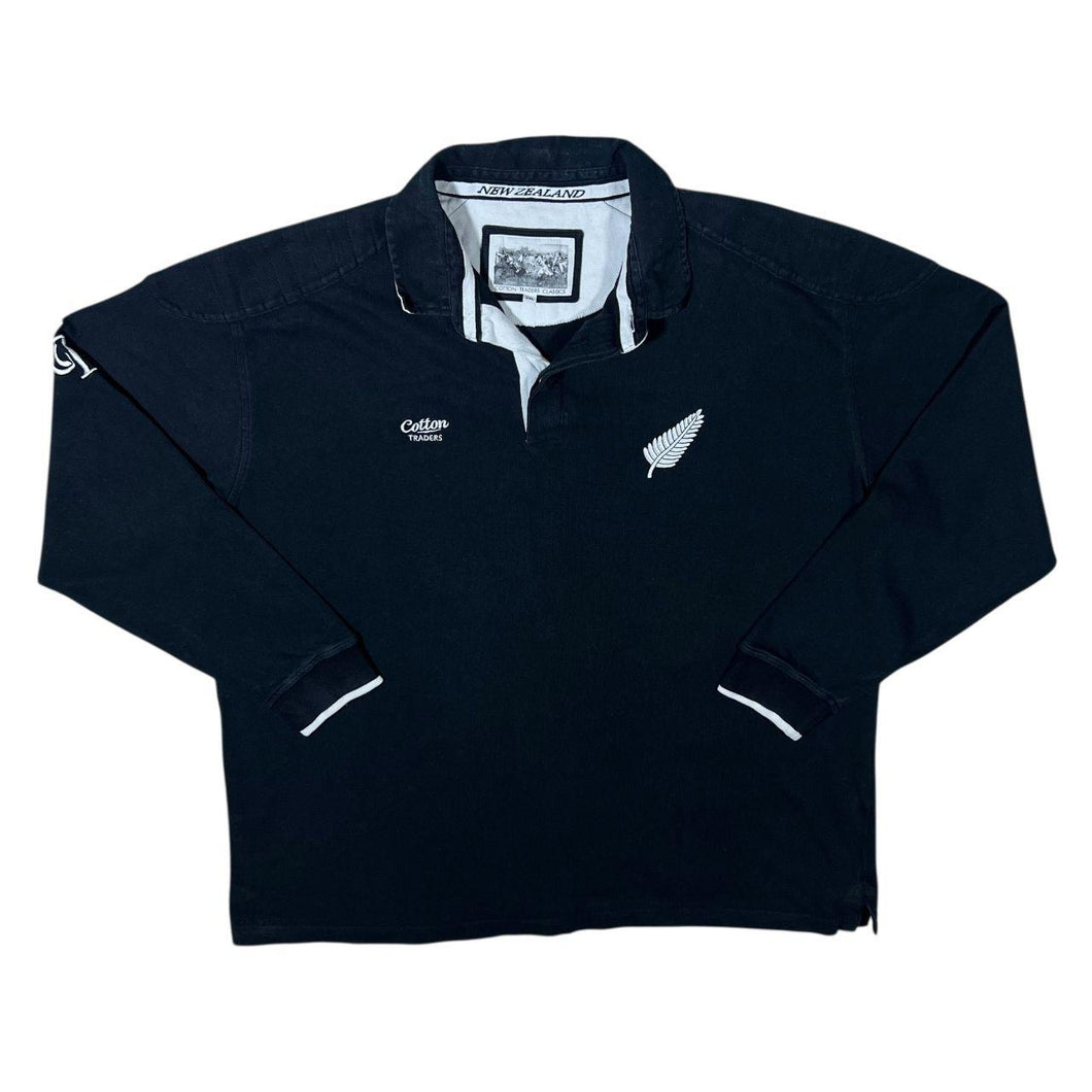 Cotton Traders New Zealand All Blacks Long Sleeve Black Cotton Rugby Polo Shirt