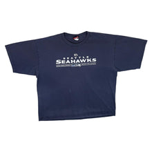 Load image into Gallery viewer, NFL Seattle Seahawks Football Logo Spellout Graphic Navy Blue T-Shirt
