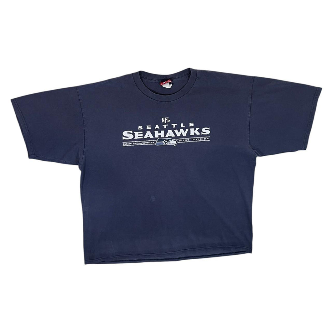 NFL Seattle Seahawks Football Logo Spellout Graphic Navy Blue T-Shirt