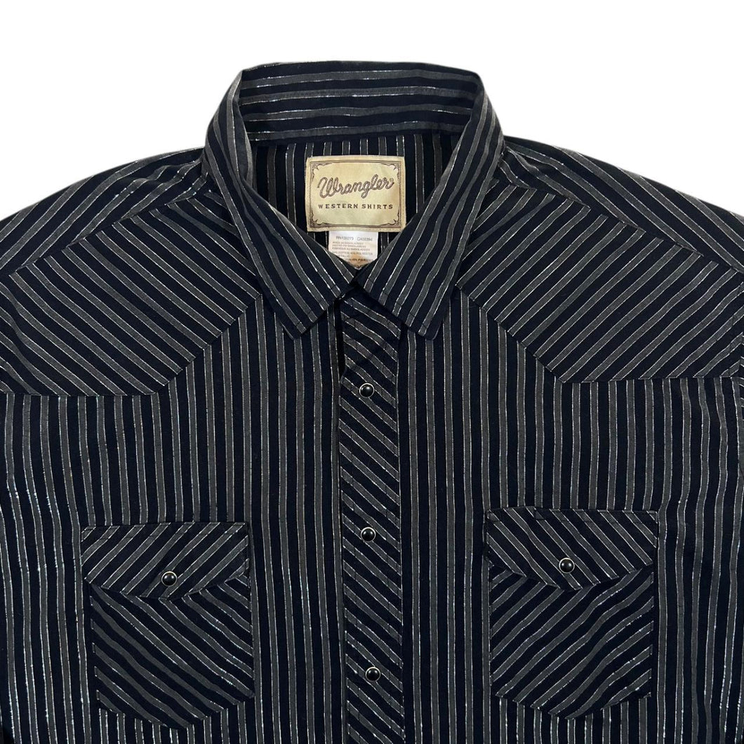 Vintage Wrangler Western Shirts Cowboy Black Grey Striped Long Sleeve Shirt