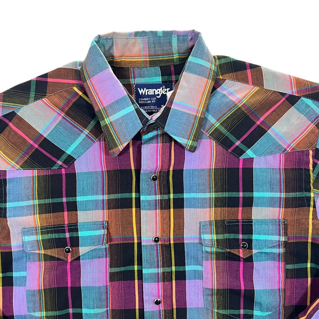 Vintage 90's Wrangler X-Long Tails Cowboy Cut Western Check Long Sleeve Popper Shirt
