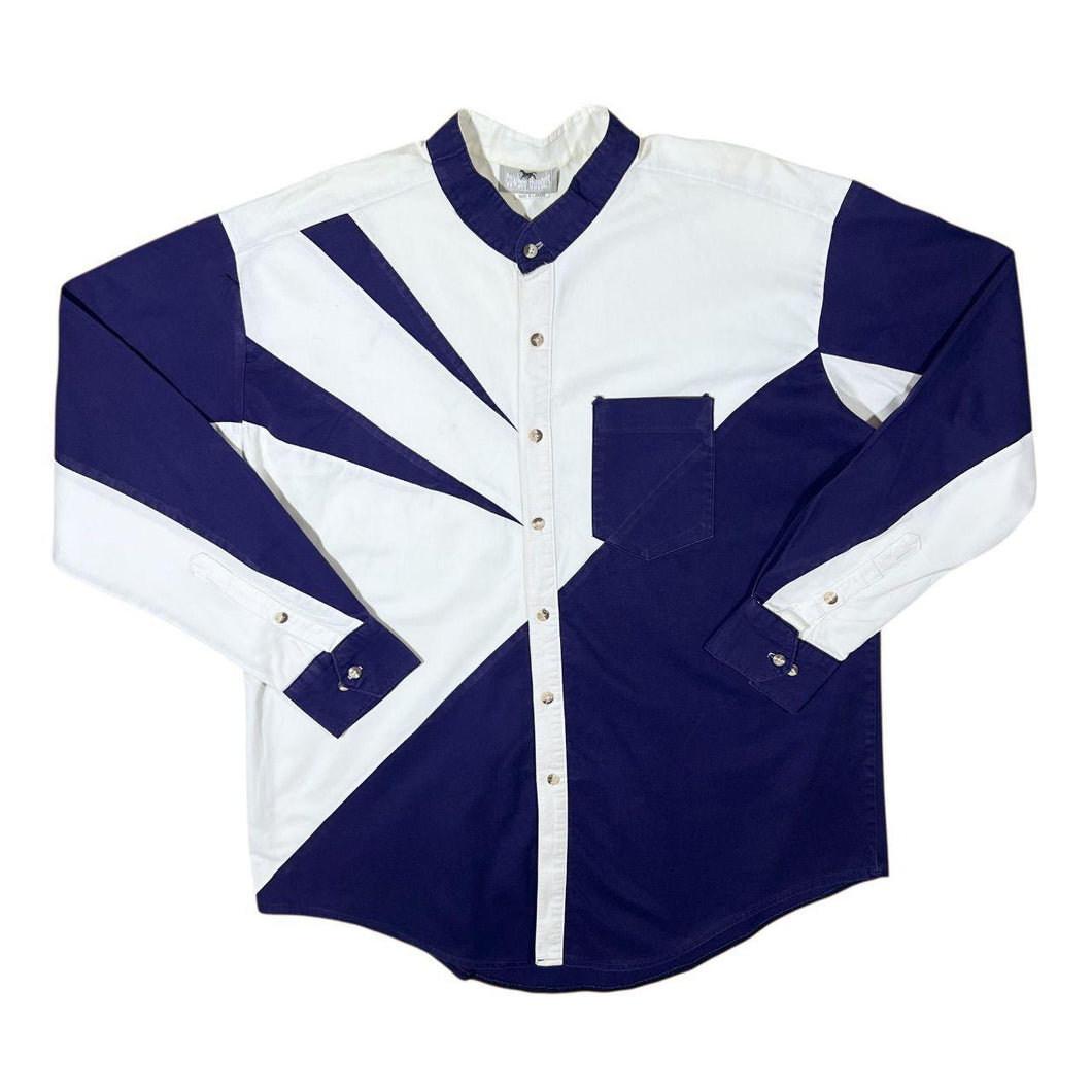 Vintage Cowboy Threads Western Blue White Colour Block Grandad Collar Long Sleeve Shirt