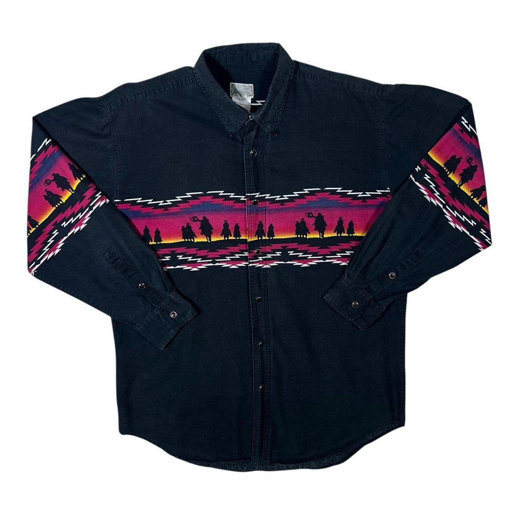 Vintage Express Rider Cowboy Western Patterned Black Long Sleeve Button-Up Cotton Shirt