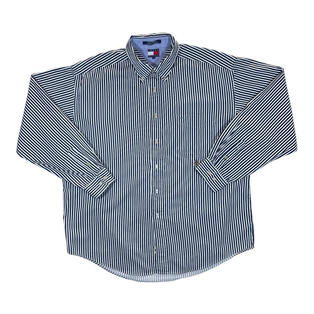 Vintage TOMMY HILFIGER Classic Blue White Striped Mini Crest Logo Long Sleeve Button-Up Shirt