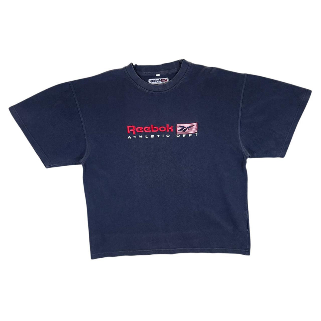 Early 00's Reebok Athletic Dept. Embroidered Logo Spellout Navy Blue T-Shirt