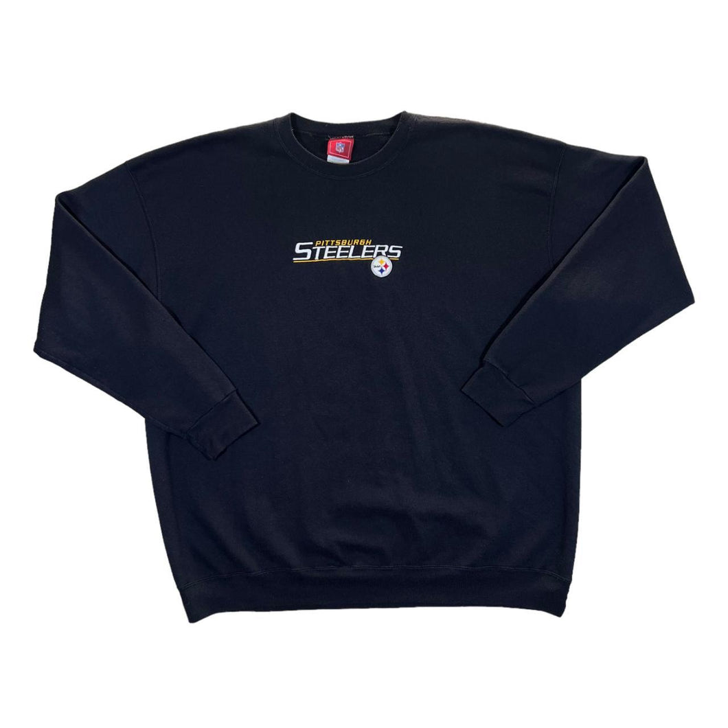 Early 00's NFL PITTSBURGH STEELERS Embroidered Football Logo Spellout Black Crewneck Sweatshirt