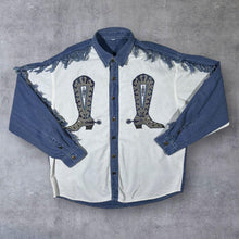 Load image into Gallery viewer, Vintage Embroidered Cowboy Boot Western Blue Denim Long Sleeve Cotton Shirt
