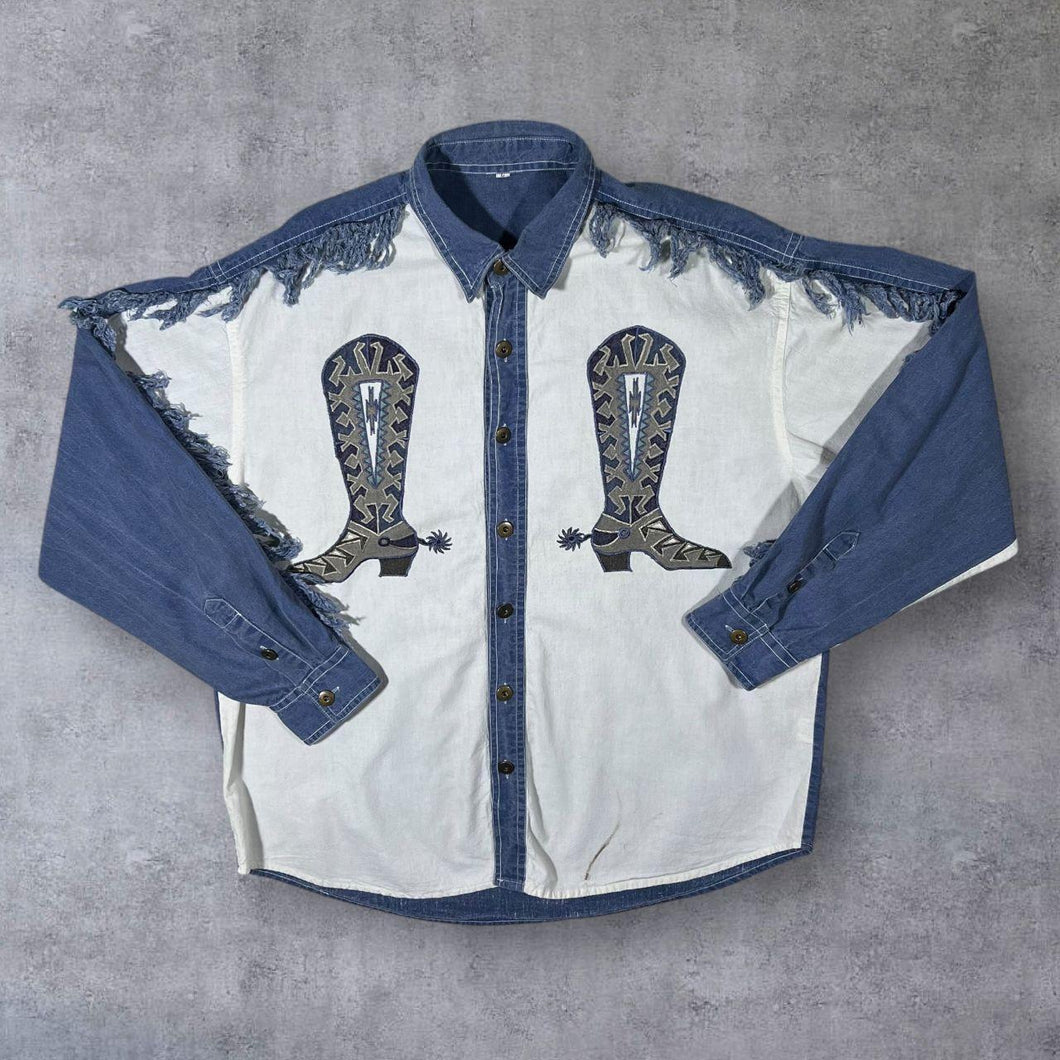 Vintage Embroidered Cowboy Boot Western Blue Denim Long Sleeve Cotton Shirt