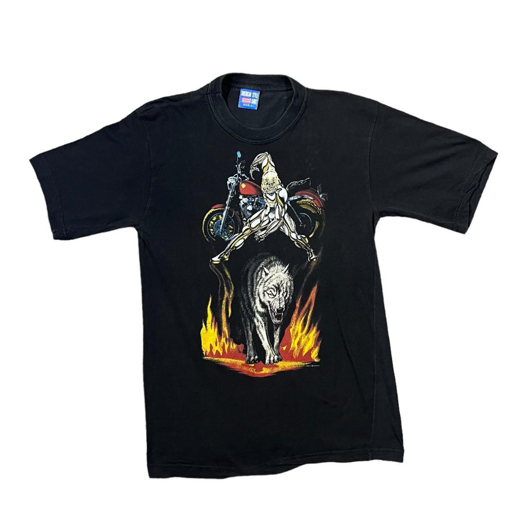 Vintage AMERICAN STYLE Gothic Biker Wolf Flames Graphic T-Shirt