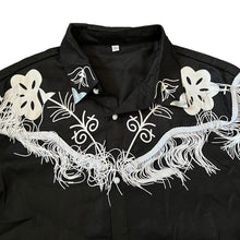 Load image into Gallery viewer, Cowboy Western Tasselled Floral Patterned Black Satin Effect Long Sleeve Shirt

