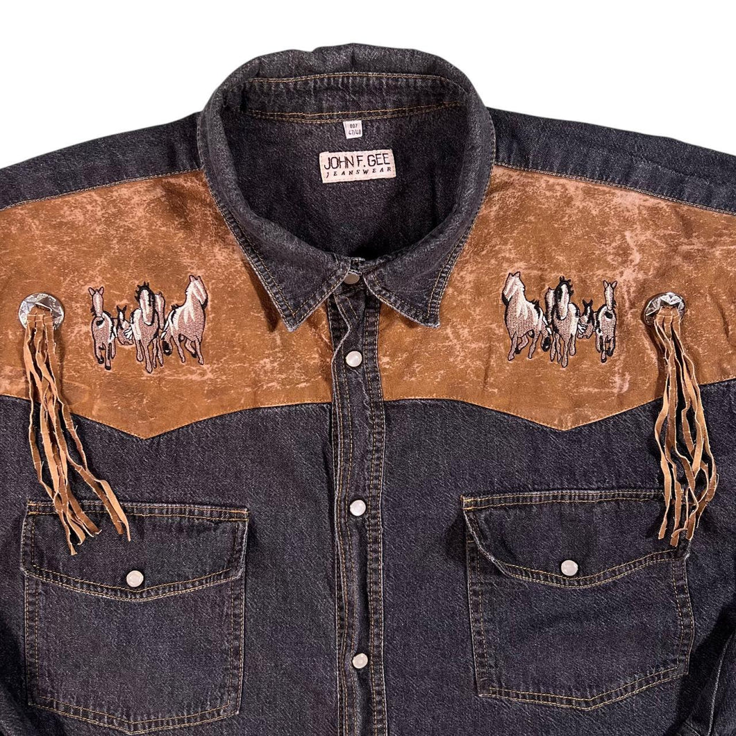 Vintage John F. Gee Cowboy Western Suede Panel Embroidered Popper Long Sleeve Shirt