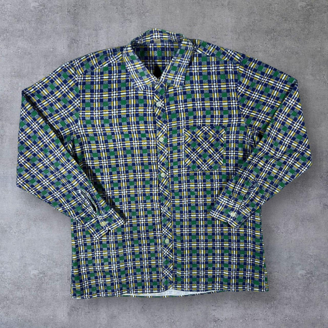 Vintage Green Navy Blue Yellow White Plaid Check Long Sleeve Flannel Shirt