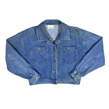 Load image into Gallery viewer, Vintage 90&#39;s Cottage Core Embroidered Floral Blue Denim Trucker Jacket
