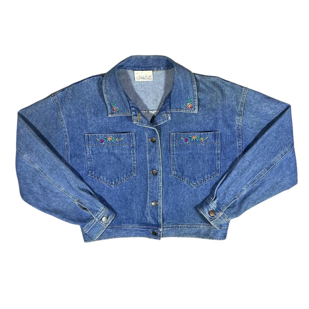 Vintage 90's Cottage Core Embroidered Floral Blue Denim Trucker Jacket