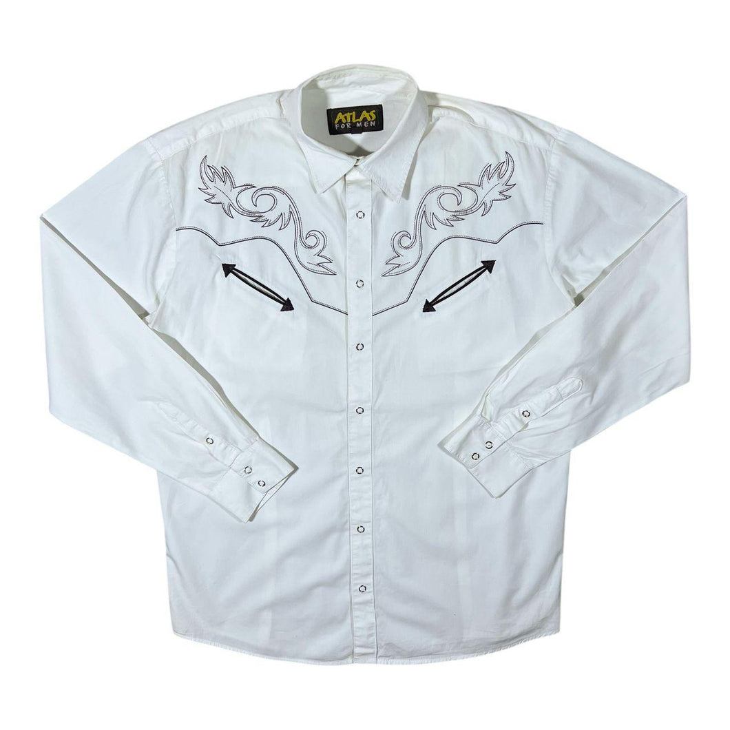 Early 00's Atlas For Men Cowboy Western White Cotton Popper Long Sleeve Shirt