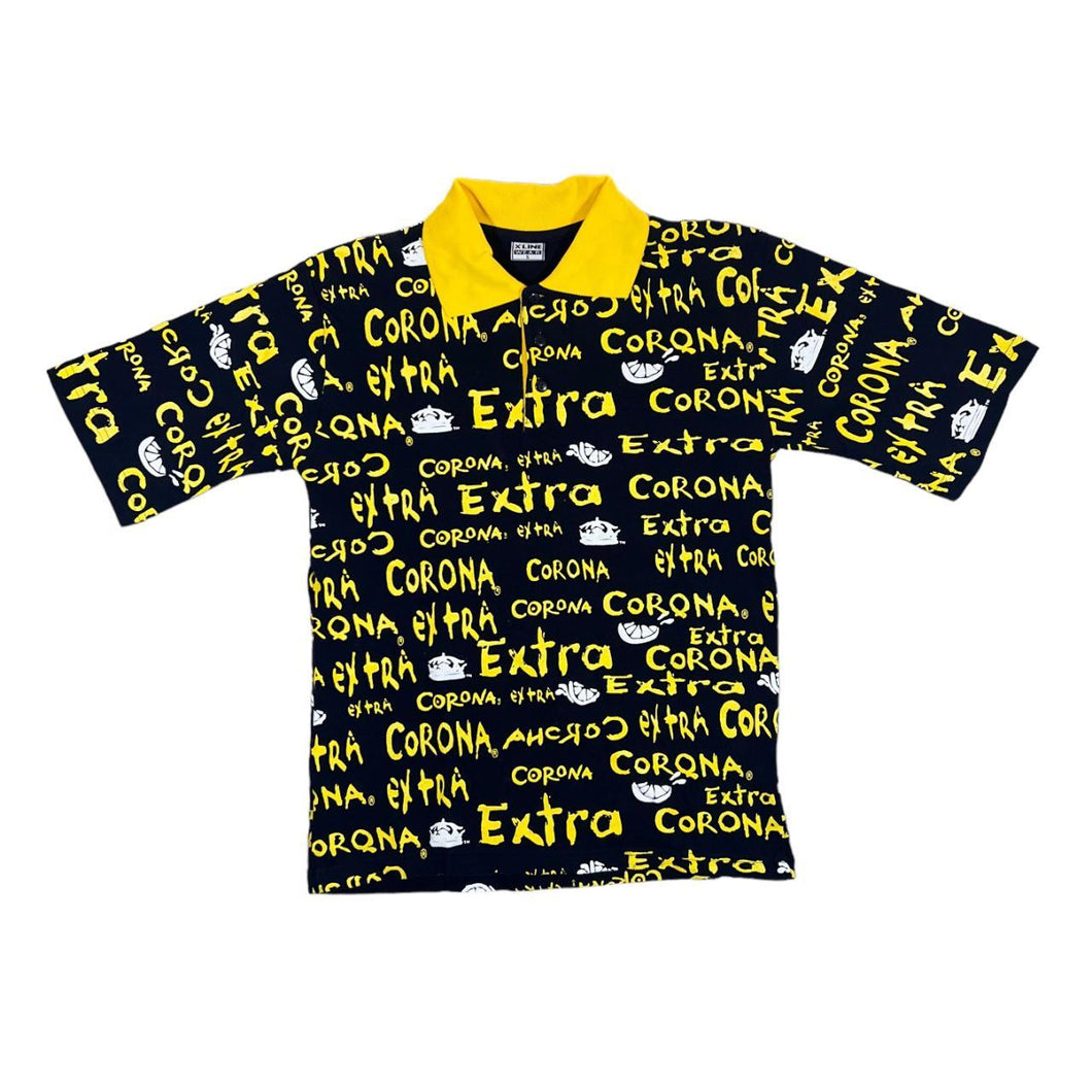 Vintage CORONA EXTRA Graphic Logo Spellout All-Over Print Patterned Polo Shirt