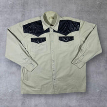 Load image into Gallery viewer, Vintage Cowboy Western Black Faux Leather Panel Beige Cotton Popper Long Sleeve Shirt
