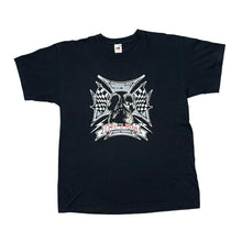 Load image into Gallery viewer, LIVE 2 RIDE Gothic Biker Racing Flag Skull Spellout Graphic T-Shirt
