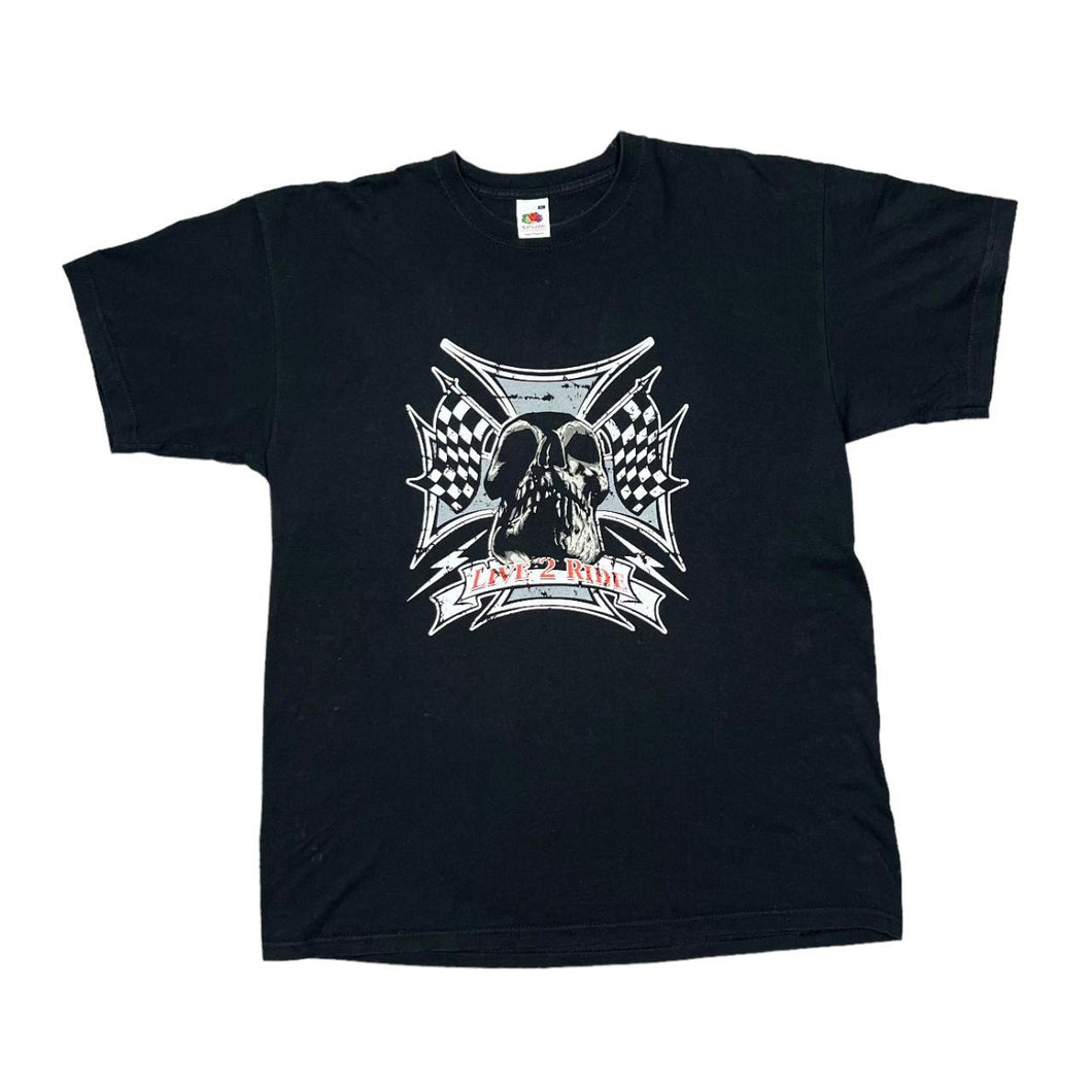 LIVE 2 RIDE Gothic Biker Racing Flag Skull Spellout Graphic T-Shirt