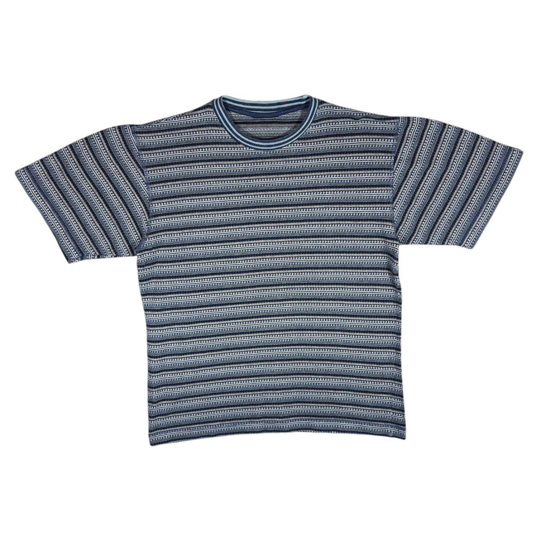 Early 00's Patterned Striped Navy Blue White Yellow Mix Short Sleeve T-Shirt