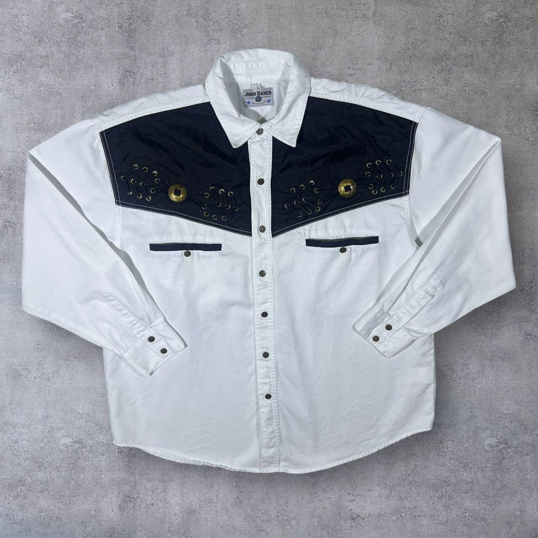 Vintage John Baner Cowboy Western White Black Lace Cotton Long Sleeve Shirt
