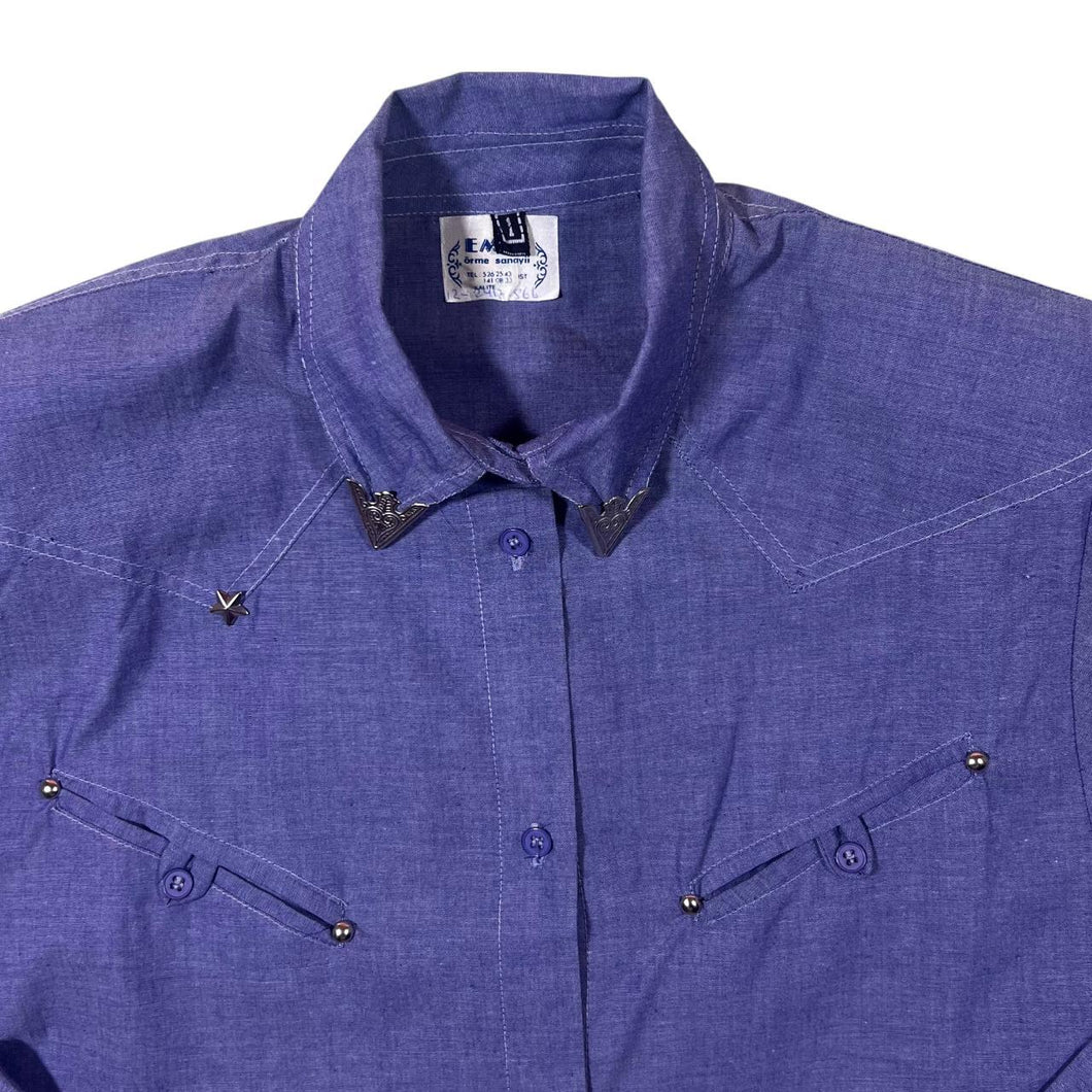 Vintage Emre Cowboy Western Metal Collar Tipped Blue Long Sleeve Shirt