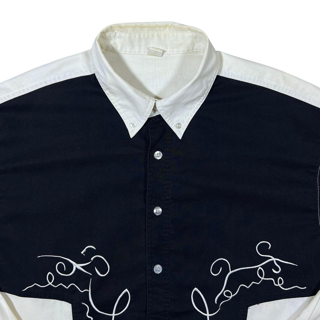 Vintage Cowboy Western Embroidered Black White Colour Block Long Sleeve Shirt