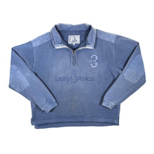 Load image into Gallery viewer, LAZY JACKS Embroidered Spellout Faded Blue Distressed 1/4 Zip Sweatshirt
