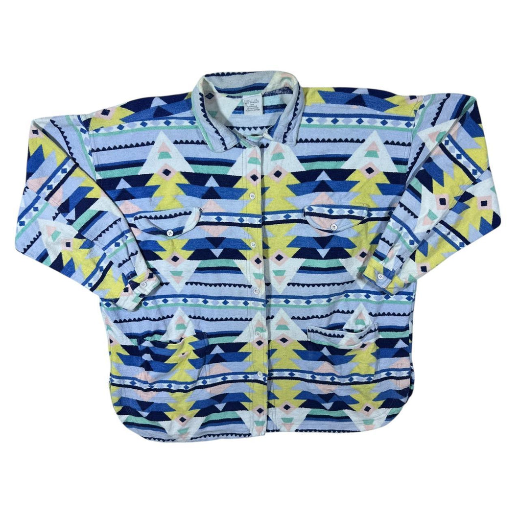 Vintage Crazy Abstract Aztec Patterned Towelling Effect Long Sleeve Flannel Shirt