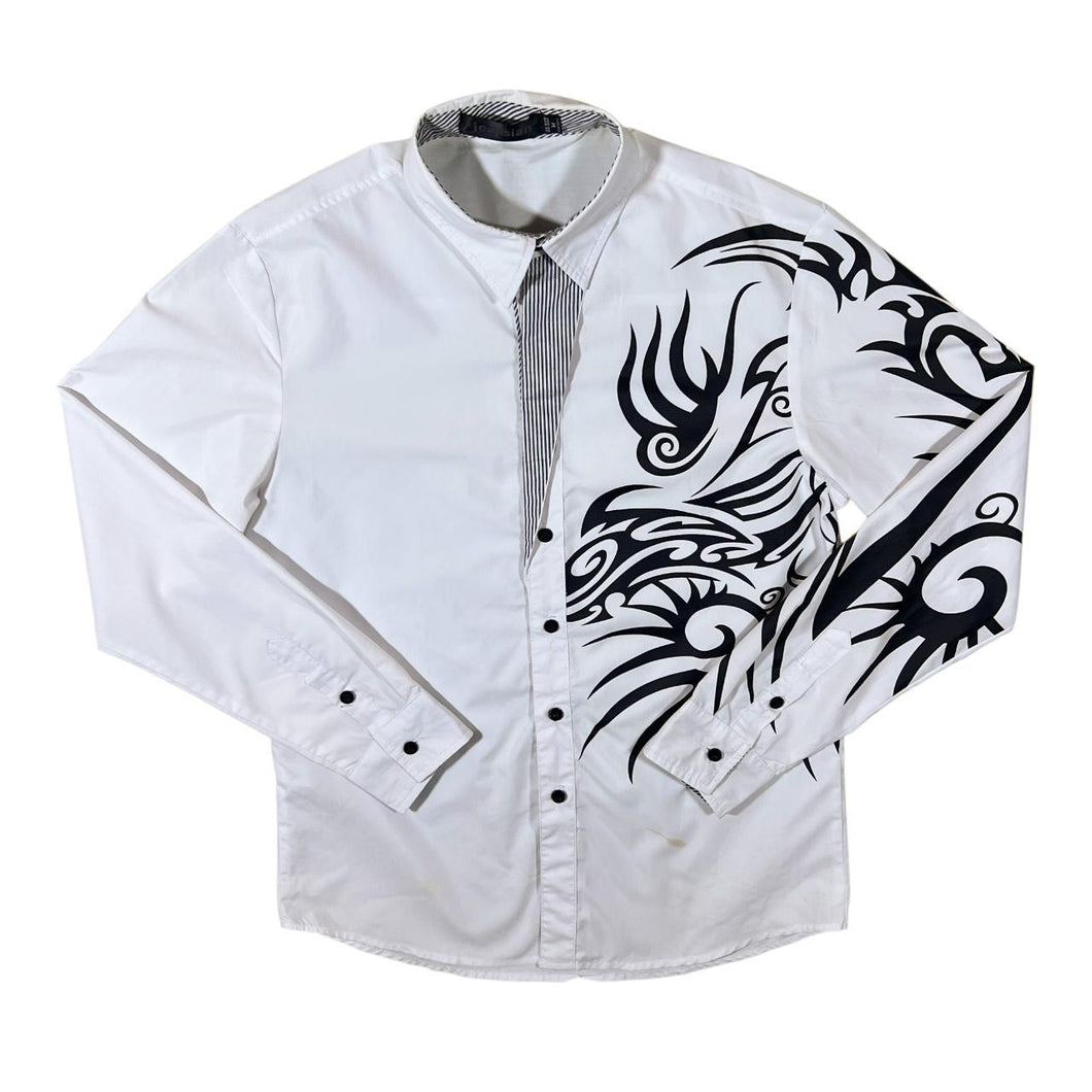 Jeansian Gothic Tribal Biker Graphic White Long Sleeve Shirt