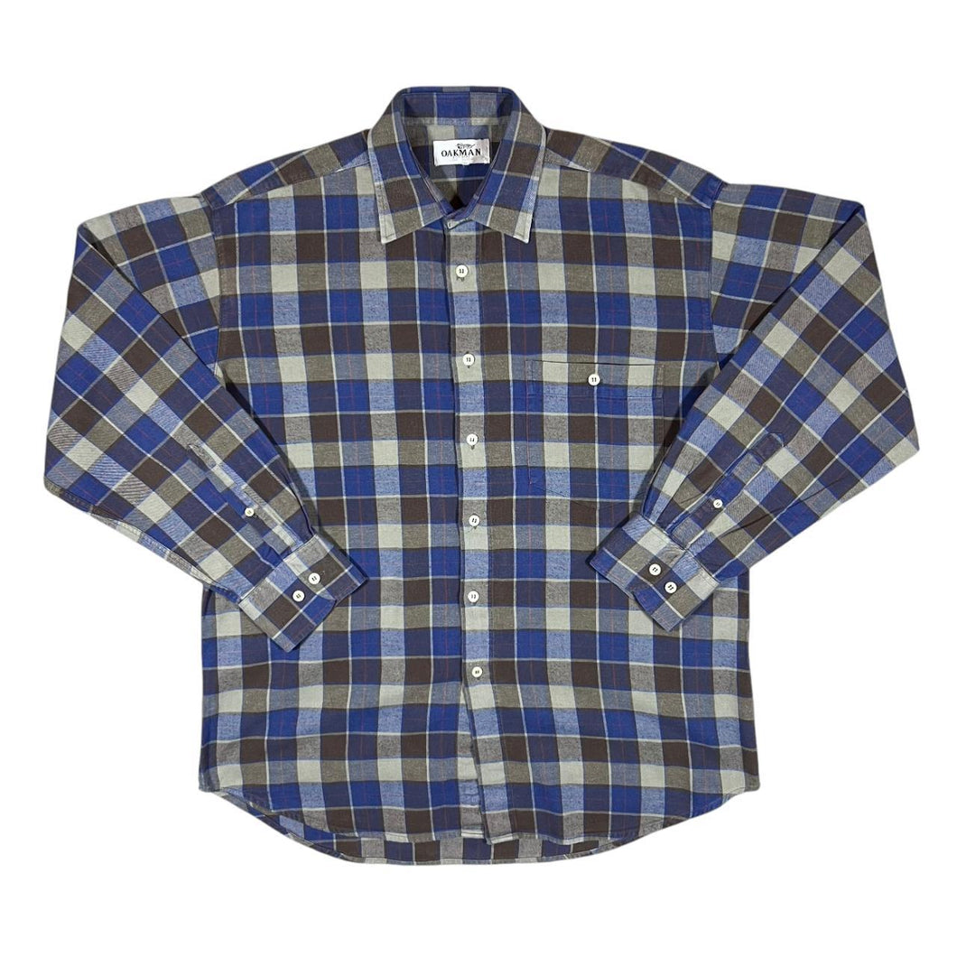 Vintage OAKMAN Classic Navy Blue Brown Plaid Check Long Sleeve Flannel Shirt