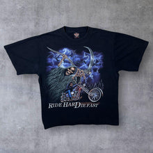 Load image into Gallery viewer, Vintage Rock Eagle "Ride Hard Die Fast" Gothic Biker Spellout Graphic Black T-Shirt
