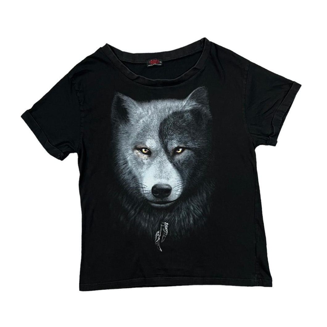 Early 00's SPIRAL DIRECT Gothic Wolf Animal Portrait Wildlife Graphic Rolled Sleeve T-Shirt